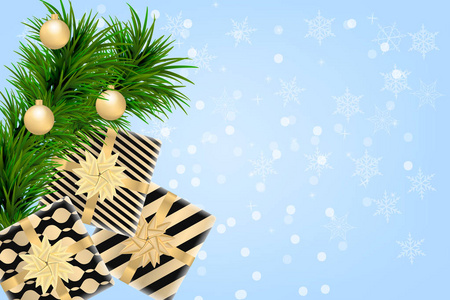 圣诞快乐, 新年愉快的背景与礼品盒, 冷杉分行和圣诞球。现代设计。海报横幅传单卡片的通用矢量背景