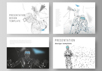 演示文稿幻灯片的可编辑布局的简约抽象向量插图设计业务模板。人与虚拟现实的眼镜。抽象 vr, 未来技术理念