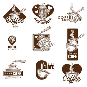 咖啡厅和咖啡馆徽标草图模板