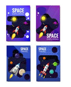 集空间模板空间旅行宇宙探索其他行星飞火箭遥远星系之星矢量旗帜插图孤立。flyear 模板, 杂志