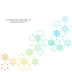六角形分子。分子的结构。基因和化学化合物。化学 医学 科学和技术的概念。几何抽象背景。原子 Dna 和神经元矢量