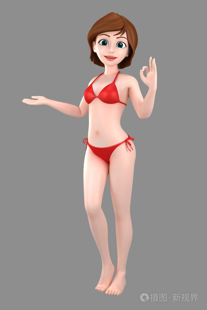 3d. 在泳装或比基尼的性感女孩的插图展示的东西和 ok 标志