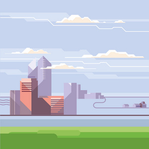 有高楼的市中心景观.全景建筑, 村庄, 地平线和蓝天, 云彩.