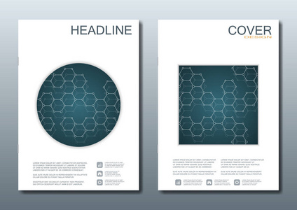 小册子 传单 封面杂志在 A4 大小的业务模板集。结构的 Dna 分子和神经元。几何抽象背景。医疗 科学 技术。可缩放矢