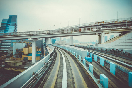 东京台场彩虹桥上的单轨铁路, 东京湾景观, 日本