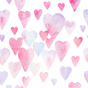粉色少女心无缝水彩图案与多彩的心-粉色,紫色色调照片