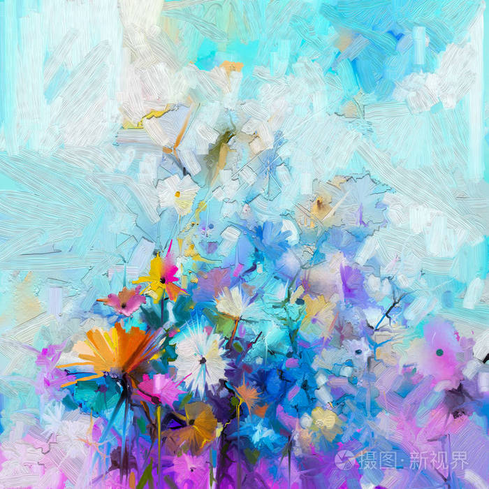 抽象花油色绘画.手绘色彩柔和的黄色和红色的花.
