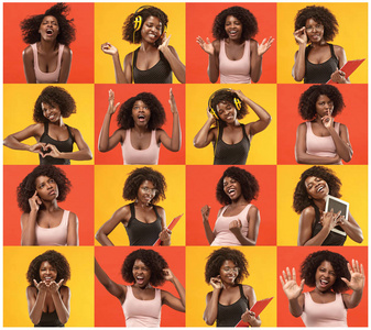 拼贴关于惊喜和快乐美丽的非洲女人