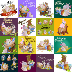 复活节彩蛋集狩猎兔子篮子上绿草装饰花 滑稽可爱的兔子的耳朵 快乐的春天季节节日传统贺卡或横幅集合矢量图背景