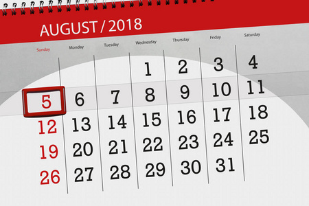 日历规划器的月份, 截止日的一周, 2018 8月, 5, 星期日