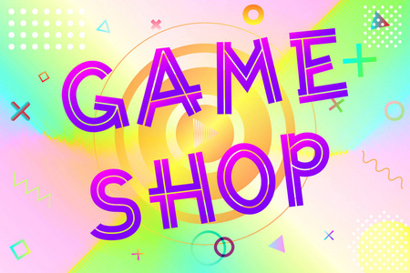 游戏商店文本, 色彩鲜艳的文字在现代梯度上明亮的几何图案背景, 股票矢量插图