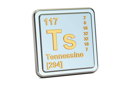Tennessine Ts，化学元素符号。3d 渲染