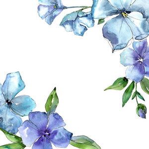 水彩蓝亚麻花。花卉植物花。框边框装饰广场