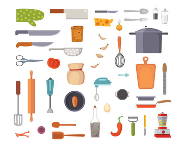 矢量集的厨房用具。烹饪工具平面样式。烹调设备分离对象