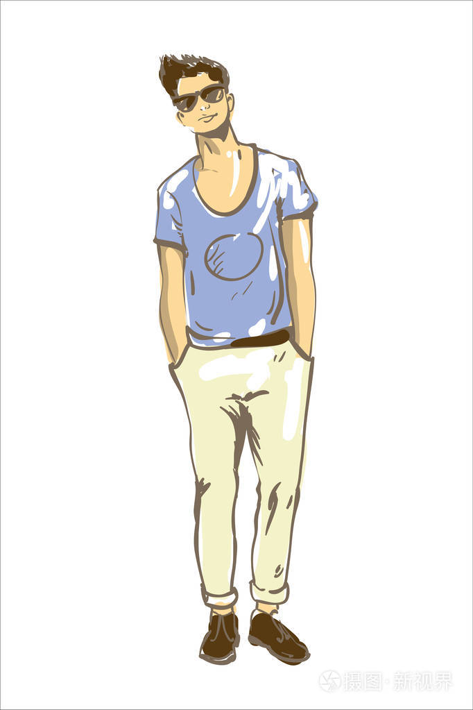 时尚人矢量插画.时尚男士在太阳眼镜现代发型和蓝色 t恤衫.