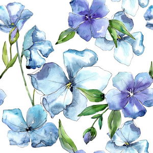 水彩蓝亚麻花。花卉植物花。无缝背景图案