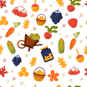 美丽丰收秋季无缝模式矢量食品背景水果蔬菜, 南瓜, 玉米, 葡萄, 苹果, 胡萝卜, 树叶