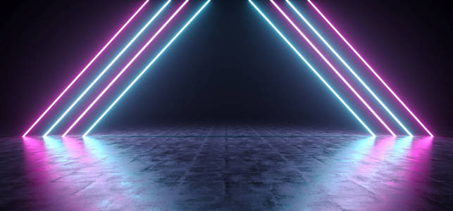 未来的科幻三角形形状的紫色和蓝色霓虹灯发光灯在空的黑暗的房间与混凝土地板反射3d 渲染插图