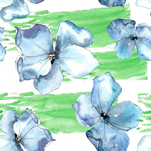 水彩蓝亚麻花。花卉植物花。无缝背景图案