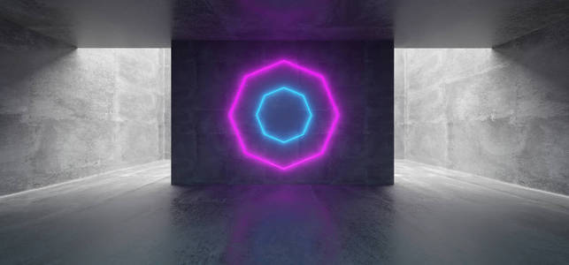 空的地下混凝土走廊房间中3d 渲染插图中的霓虹灯紫色和蓝色发光符号