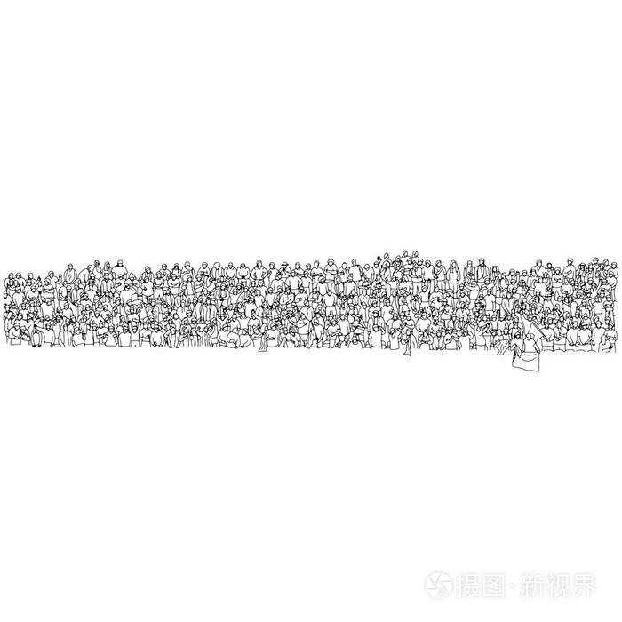 观众欢呼的人群在体育场矢量插图草图涂鸦手画与黑色线隔离在白色背景