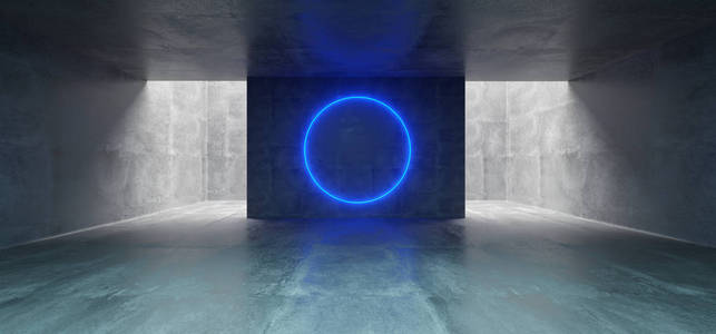 空的地下混凝土走廊房间与圈子霓虹灯蓝色发光的标志在中间3d 渲染例证