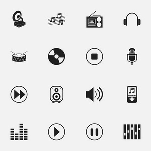 16 可编辑的旋律图标集。包括符号倒带 录音机 光盘等。可用于 Web 移动 Ui 和数据图表设计