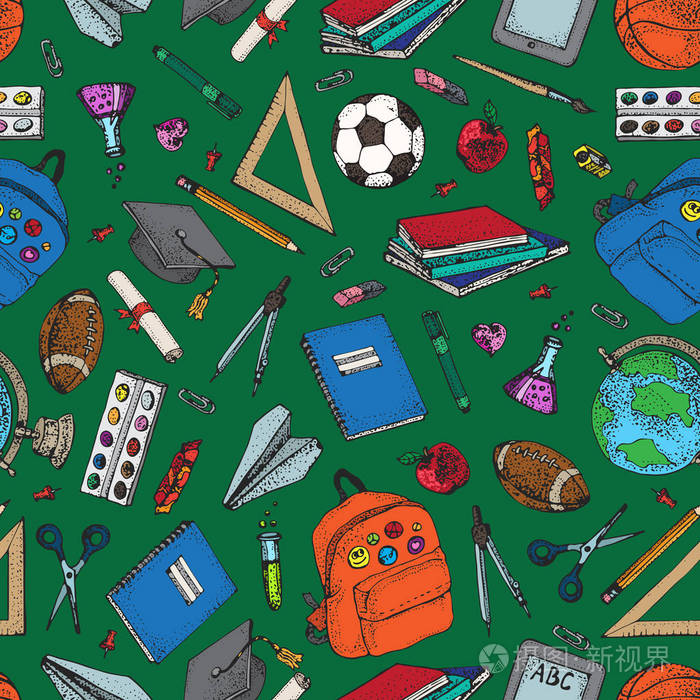 绿色背景下的教育文具用品和工具插画-正版商用图片0r3koi-摄图新视界