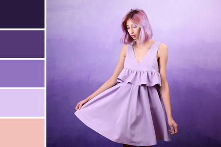 淡紫色色背景染成淡紫色头发的女人照片