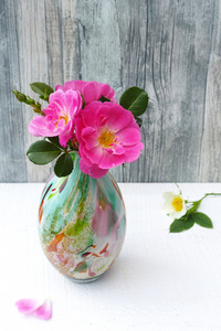 小 cololfrul 玻璃花瓶与粉红色的野玫瑰