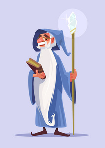 快乐微笑老魔术师的性格与白胡子抓住魔法书.矢量平面卡通插画照片