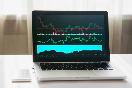在经济学家工作场所显示图表的笔记本电脑。分析便携式计算机上的投资图表和图表