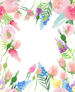 美丽细腻温柔可爱优雅可爱花卉姹紫嫣红的春天夏天带芽的粉红色和红色的玫瑰花和黄色蓝色紫色的野花和树叶花束图案水彩手图