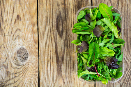 suna健康饮食的芝麻菜, mitsuna, 甜菜, 红芥末在塑料照片