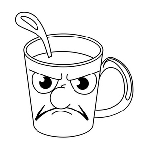 矢量画, 一个大杯子, 茶或咖啡和勺子伸出它。用情感面对悲伤, 愤怒。颜色白色和黑色
