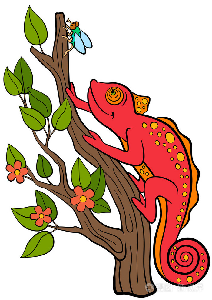 儿童卡通动物. 小可爱的红变色龙坐在上面