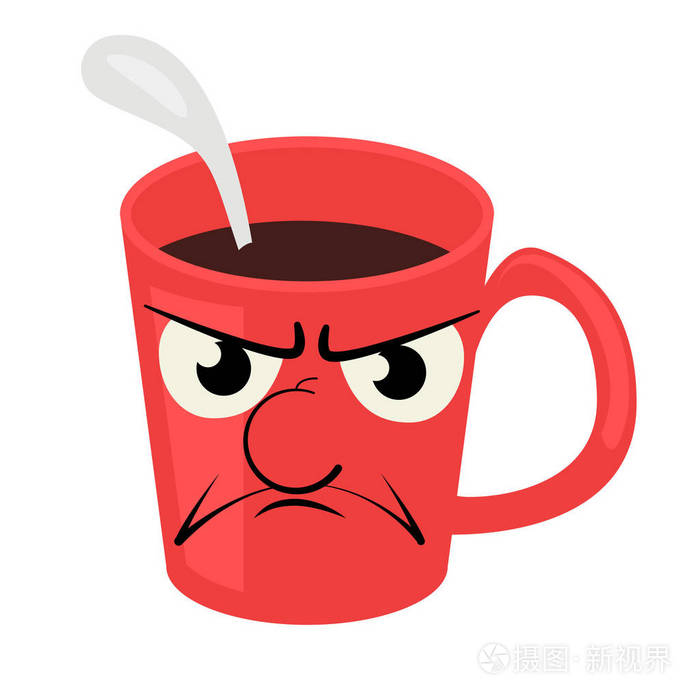 矢量画, 一个大的红色杯子, 茶或咖啡和勺子伸出它.