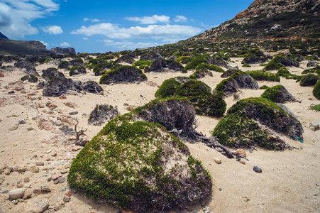 Balos 海滩在 Tigani 岩石和海岛的海岸之间的泻湖, 希腊