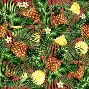 水彩的无缝模式热带背景配菠萝