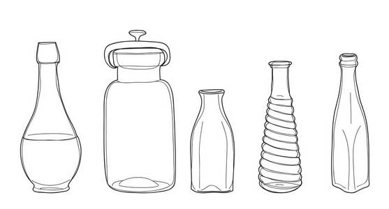 瓶子和罐子的老式向量组的手绘线条艺术怡乐思