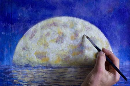 大海把人淹死用刷子把一只橙色的大月亮画成蓝色, 在海洋,大海,水中