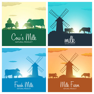 设置的牛奶横幅。牛奶的天然产品。与工厂和奶牛的农村景观。在村子里的黎明。日出