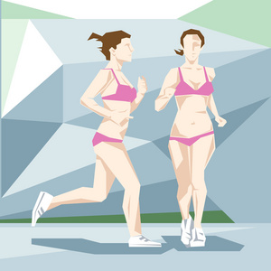 抽象的女人在游泳西装慢跑，侧面和前视图。三角形的风格。数字矢量图像
