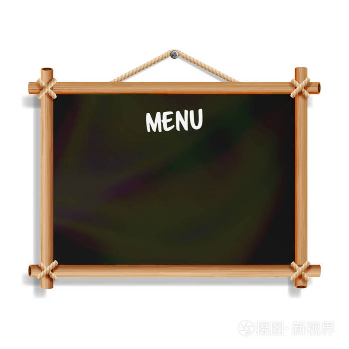 咖啡厅菜单板.白色背景上的孤立.现实空黑色的黑板与木制相框挂.