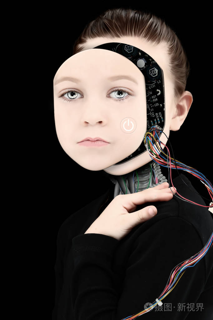 开面暴露电线电子的机器人女孩