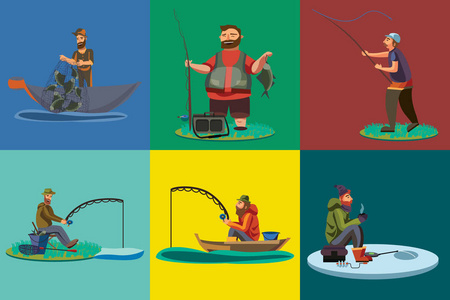 快乐的人船卡通渔夫站在帽子和拉净海面,快乐 fishman 认为鱼获量和