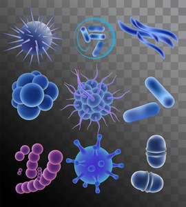 蓝色病毒, 细菌和微生物。在透明背景下隔离的矢量逼真插图