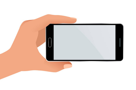 男手拿着一款手机用空白屏幕。白色背景上平孤立的图
