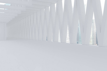 空的大大堂内部有白色的墙壁, 和三角形图案的窗口与城市景观。私人生活和商业的室内设计概念。3d 渲染模拟