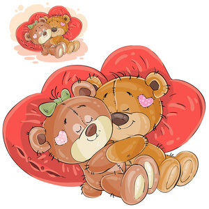 一对夫妇的棕色泰迪熊躺在红色心形枕头环抱的矢量图